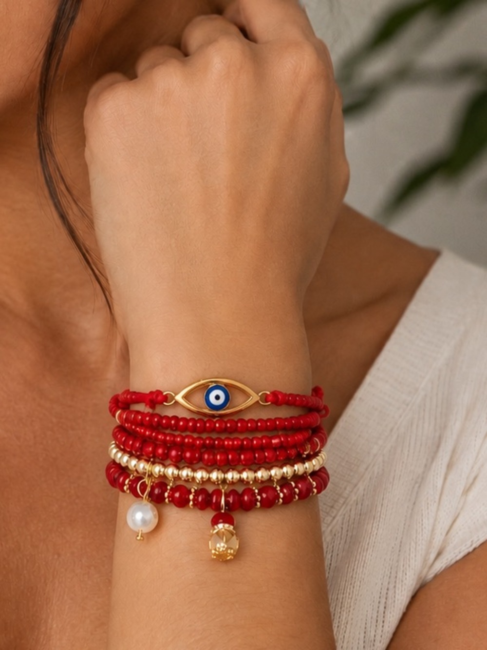 Red Beaded Evil Eye Stack Bracelet with Gold Accents